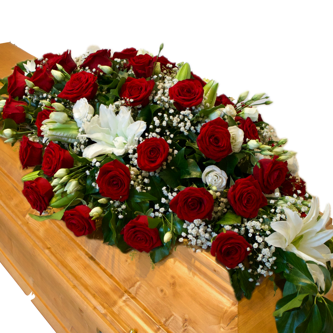 Sarggesteck aus Rosen und Lilien 